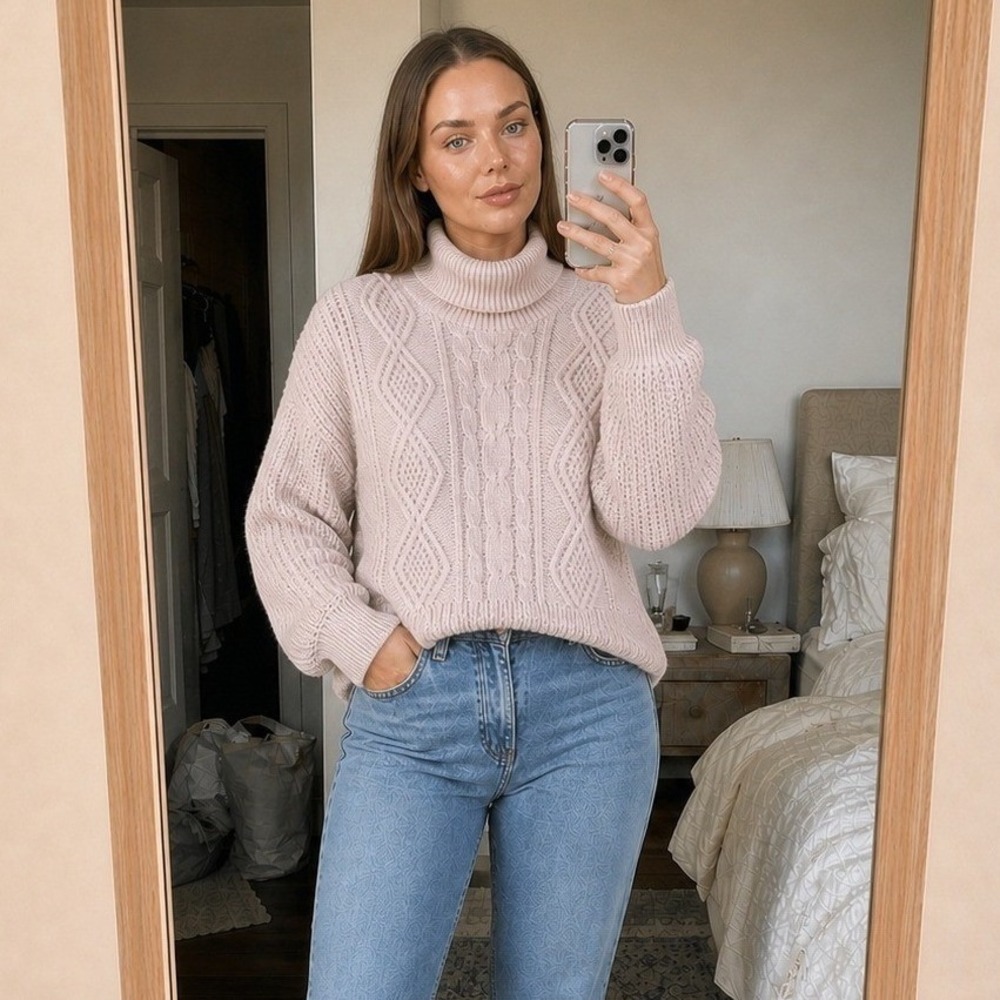 Womens Cable Knit Turtleneck Sweater XL Oversized Light Pink Cottage Preppy Cozy